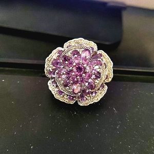 Vintage stamp s925 Thailand silver natural amethyst & crystal quartz Flower ring